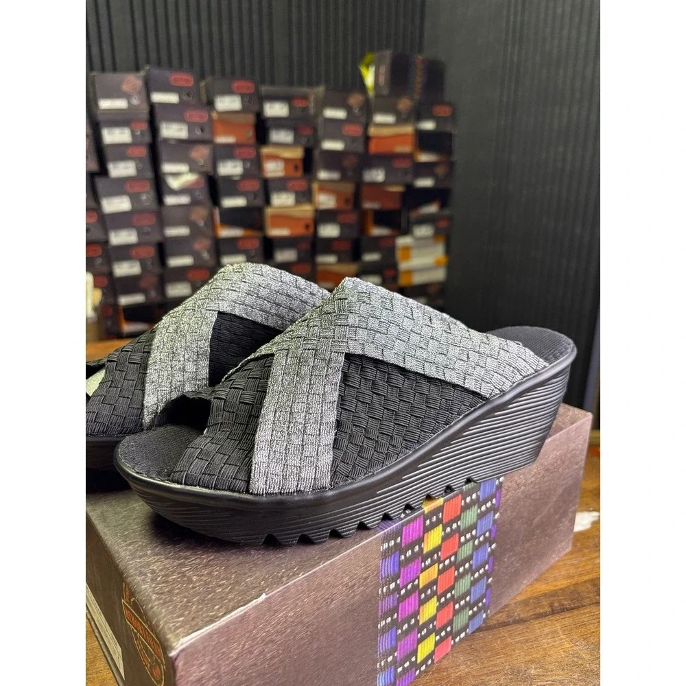 Bernie Mev Bernadette Black Pewter Woven Wedge Sandals Size 38 US 7.5-8